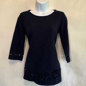 F-53 Peck & Peck Blue‎ 1/2 Sleeve Cutout & Lace panel Pullover Blouse Size S